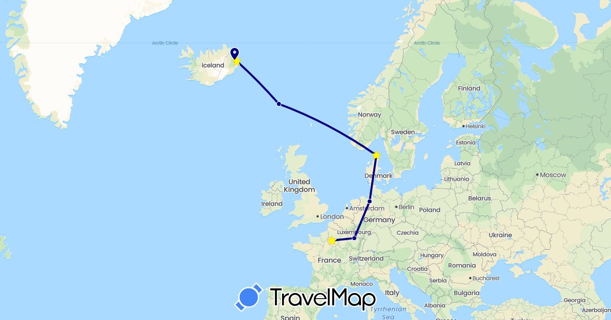 TravelMap itinerary: driving in Germany, Denmark, Faroe Islands, France, Iceland (Europe)
